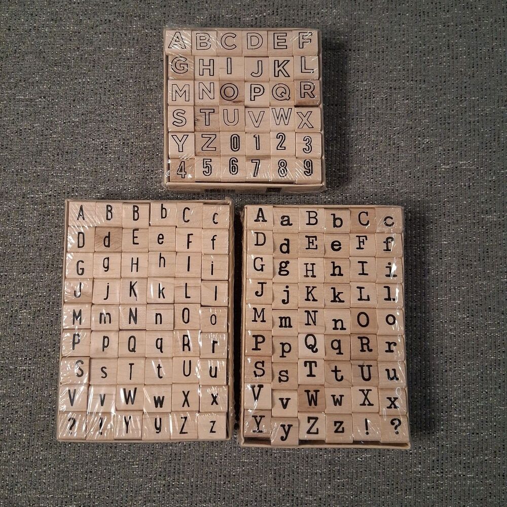American Crafts Wooden Alphabet Stamp Set 3pc Lot Uppercase Lowercase Letter